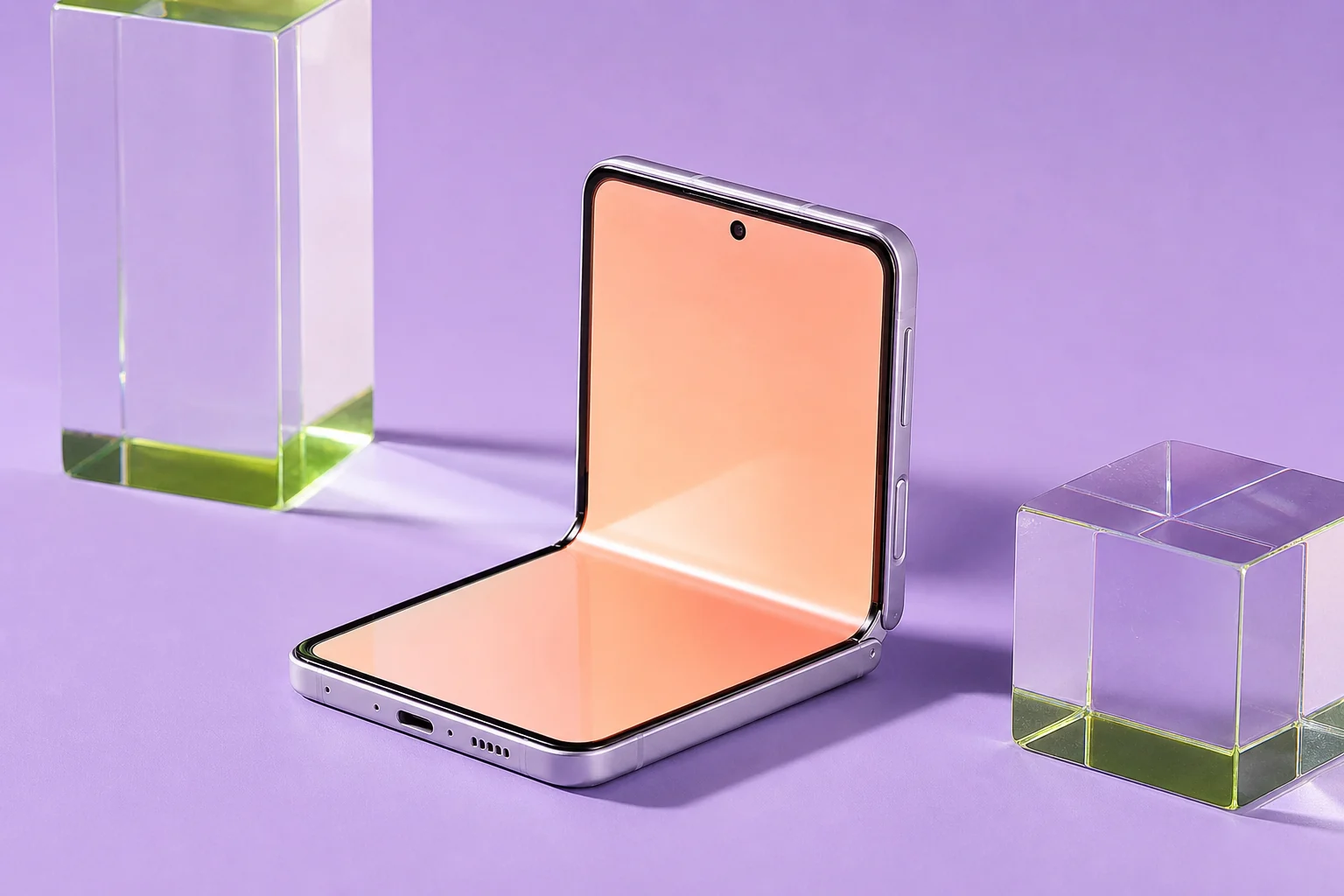 Foldable phone displayed as an editorial studio still life